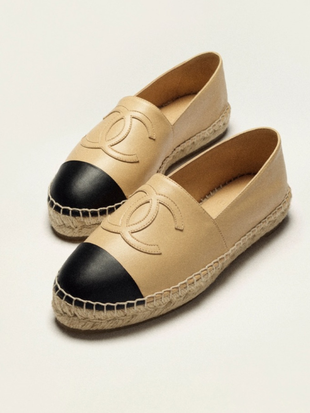 CHANEL Beige and Black Lambskin Espadrille Flats